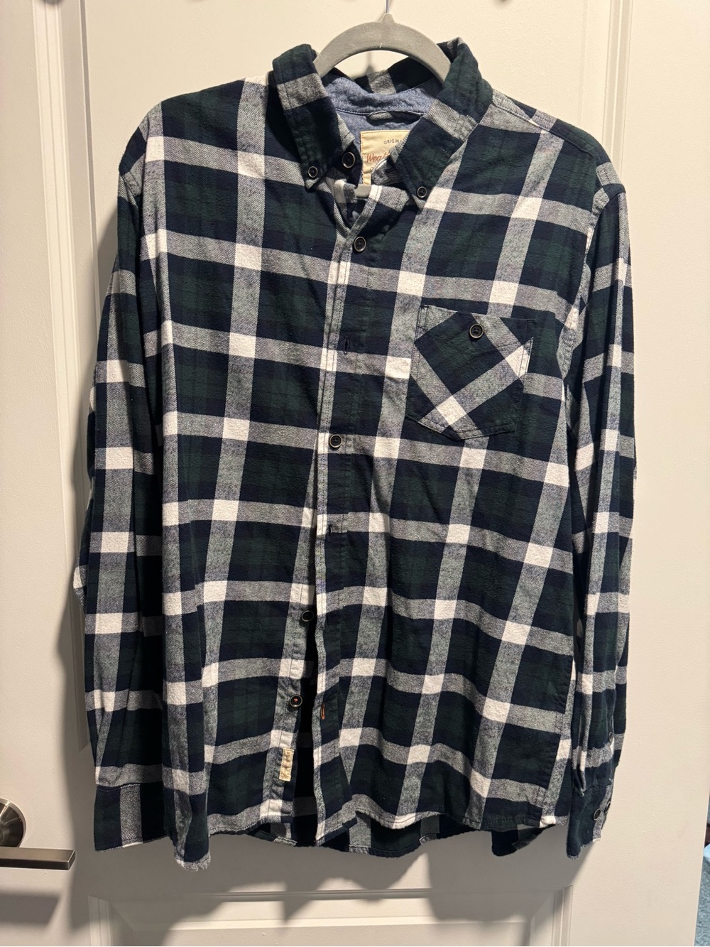 Weatherproof Vintage Men’s Plaid Flannel Shirt Green Navy White M Long Sleeve